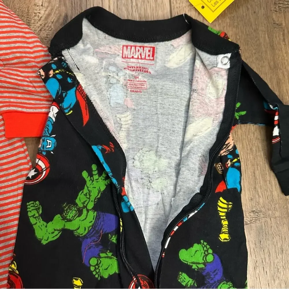 NWT! Marvel Superhero Kids One Piece Pajama Bundle, Sleepers, Hulk, Iron Man, 6m